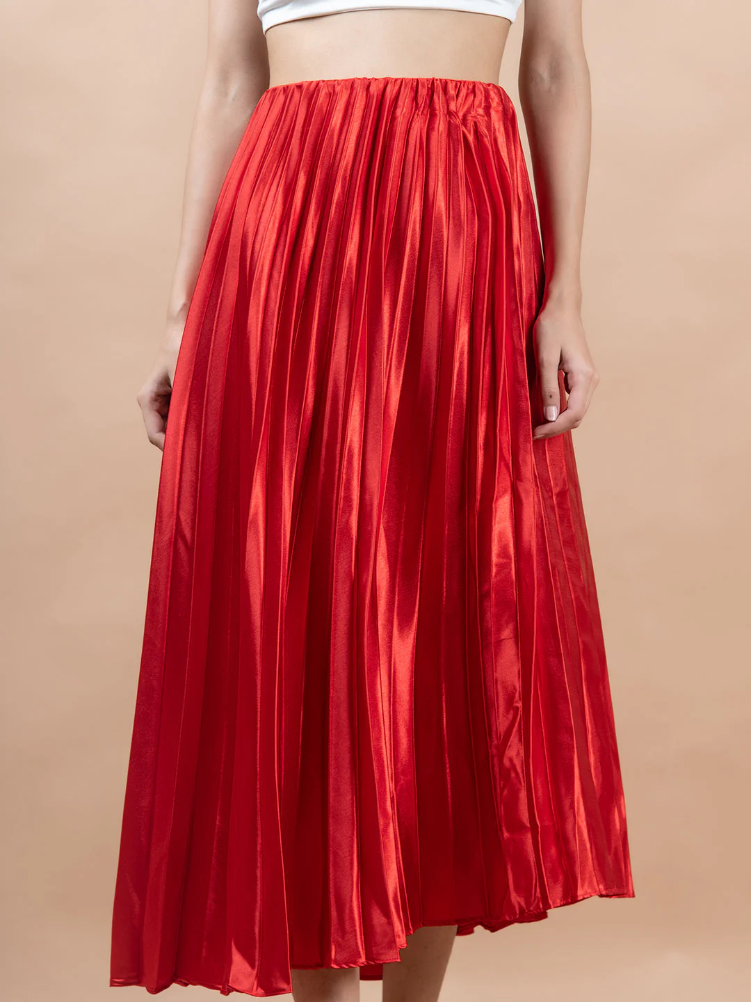 Red Flared Skirt with Accordion Pleats For Women - Image 5