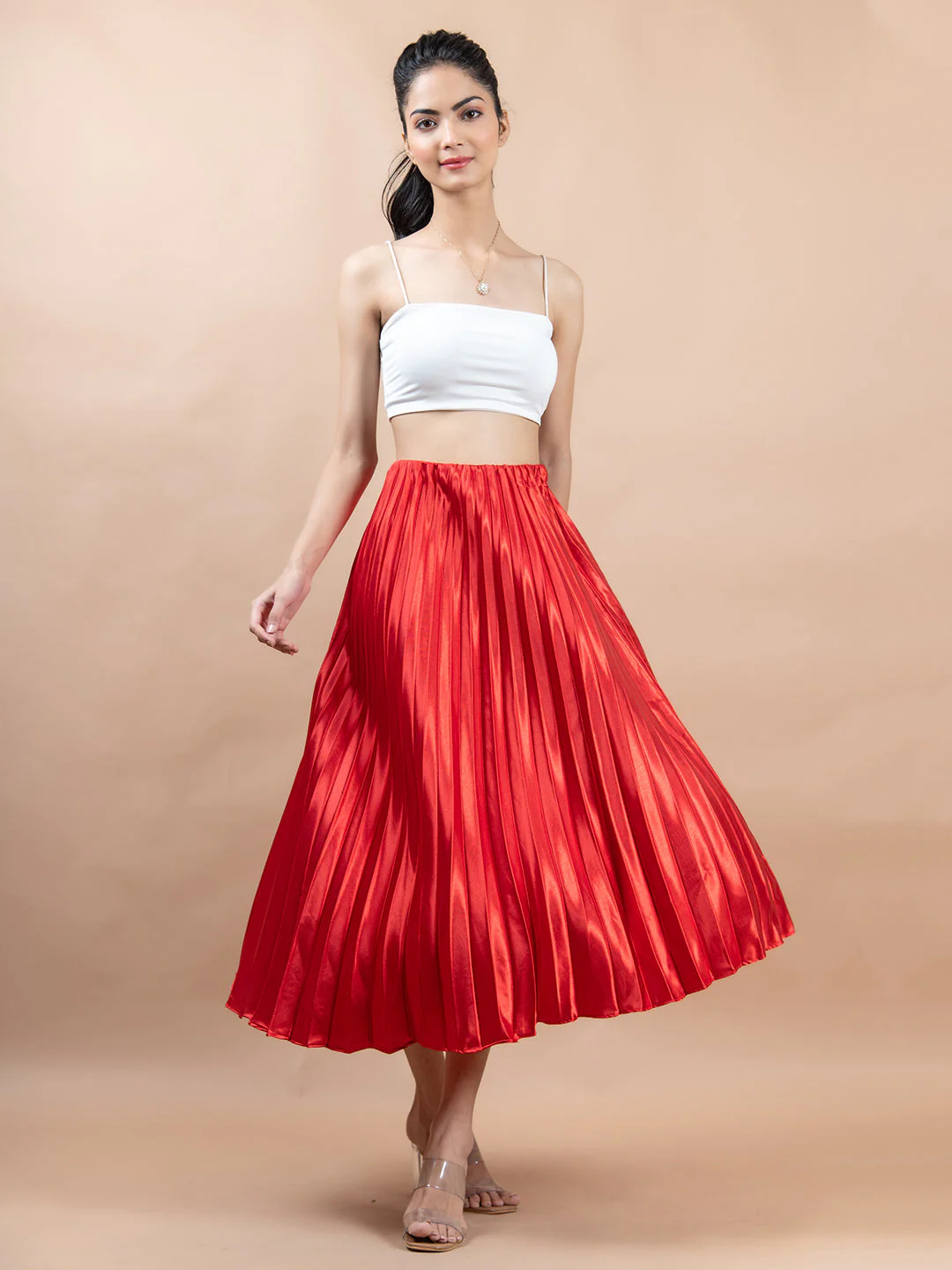Red Flared Skirt with Accordion Pleats For Women - Image 6