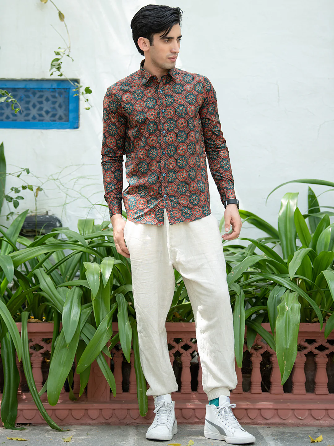 Red & Green Jaipuri Cotton Printed Shirt For Men - Image 7