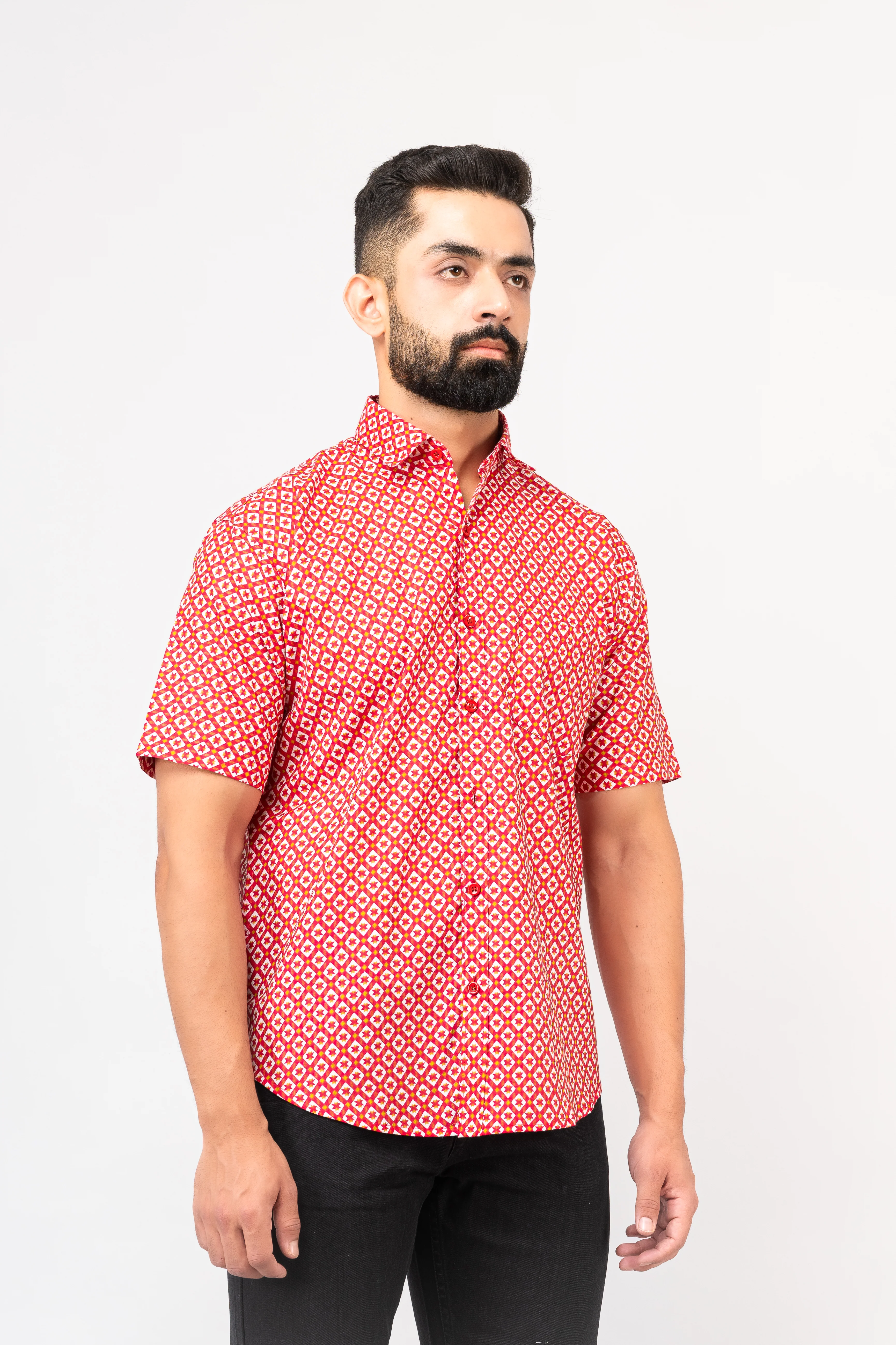 Red Traditional Geomatric Printed Half Sleeves Shirt - Image 3
