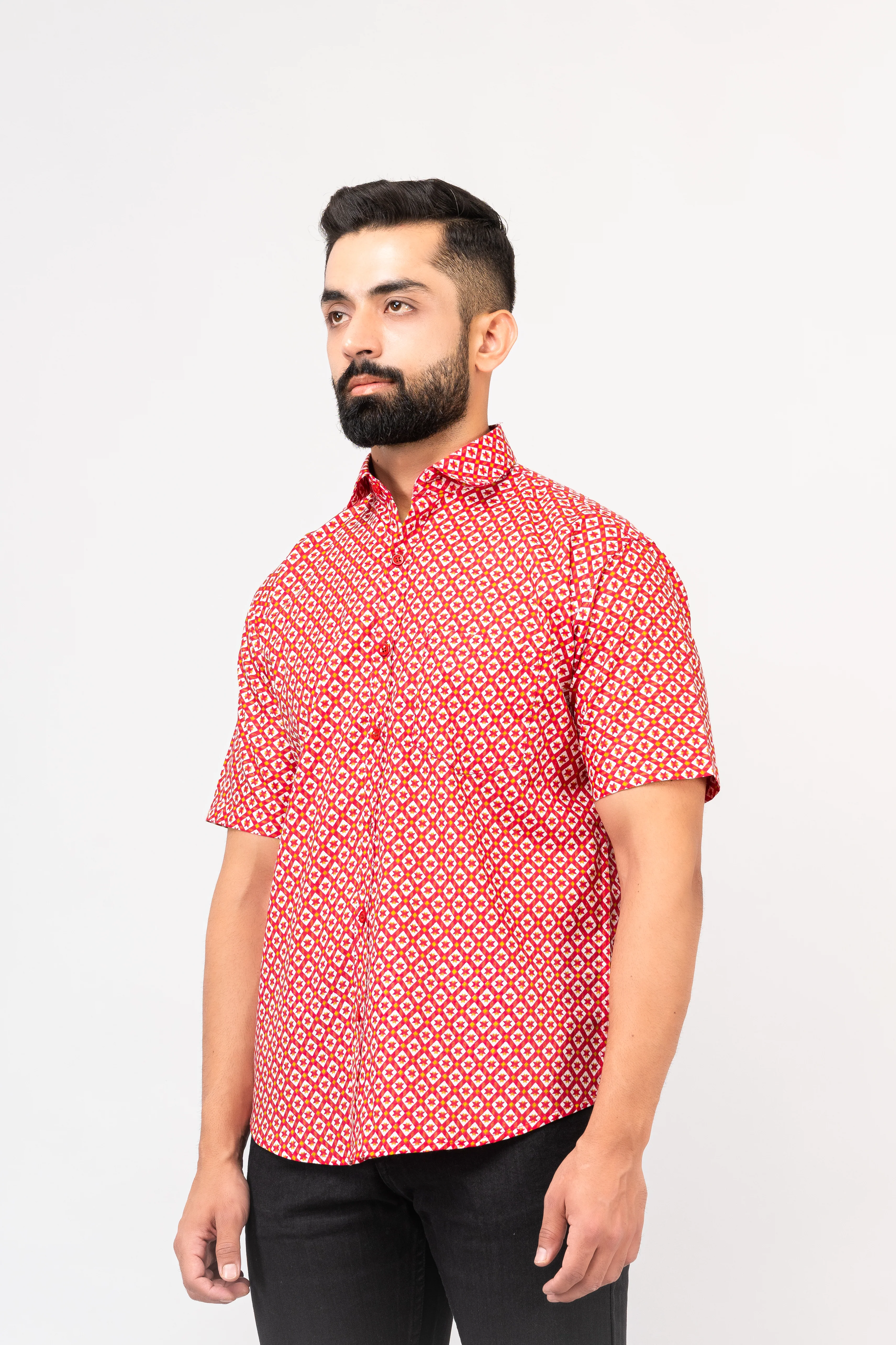 Red Traditional Geomatric Printed Half Sleeves Shirt - Image 4