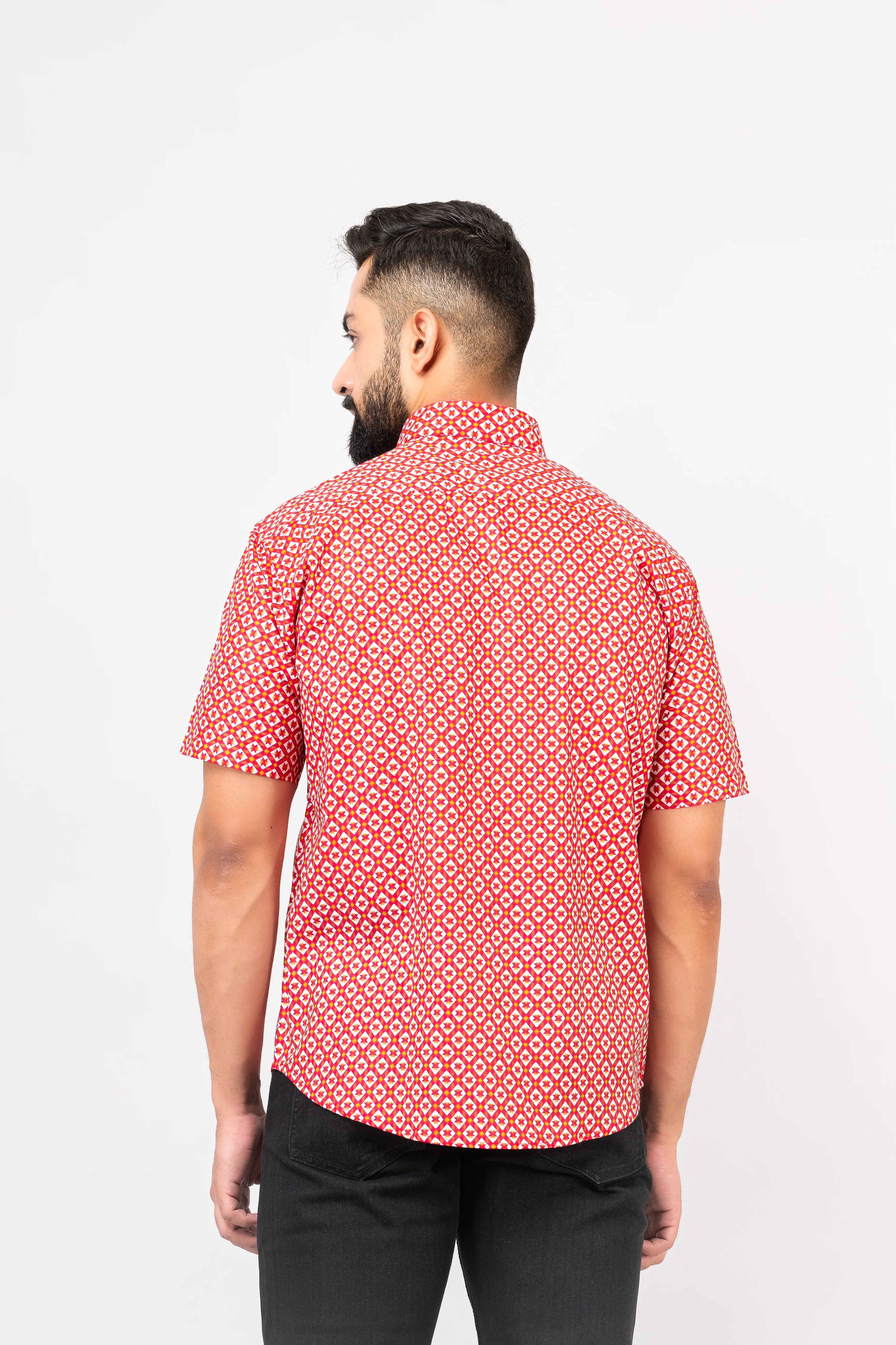 Red Traditional Geomatric Printed Half Sleeves Shirt - Image 5
