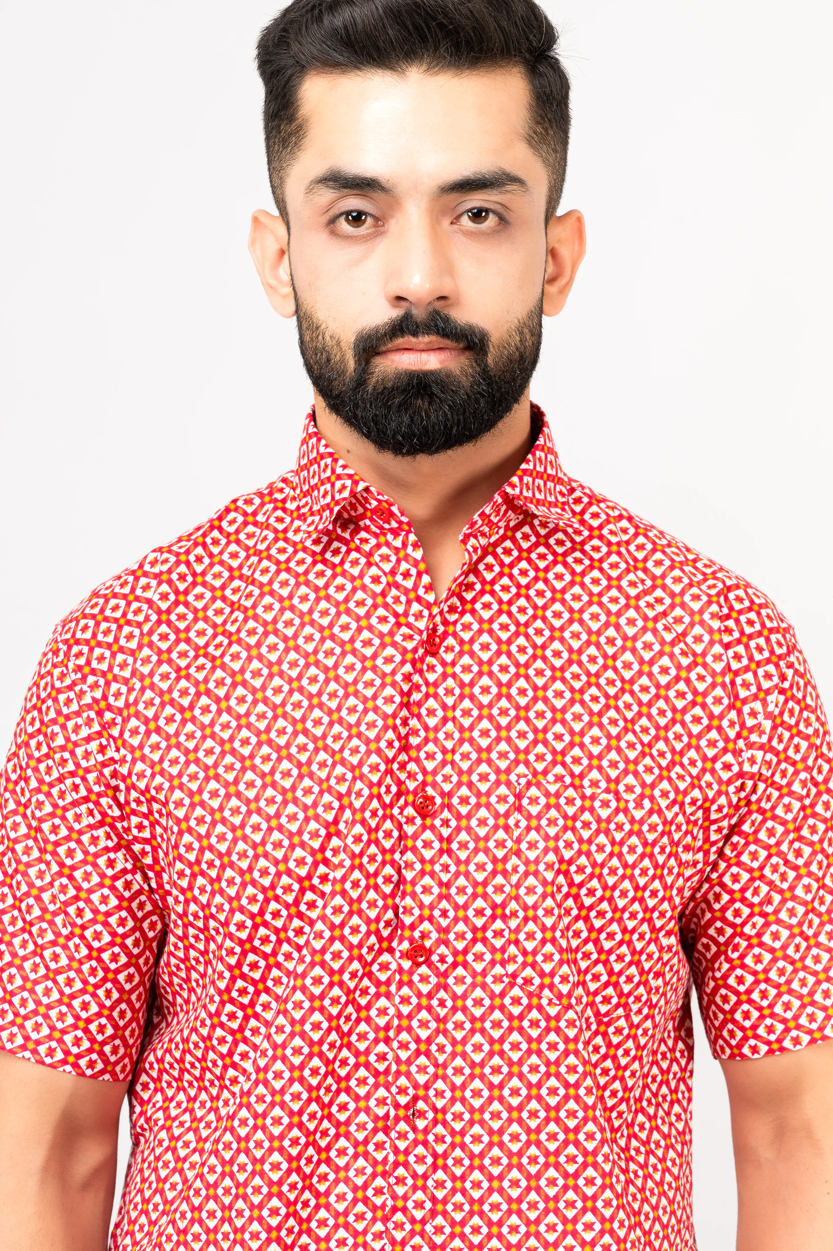 Red Traditional Geomatric Printed Half Sleeves Shirt - Image 6