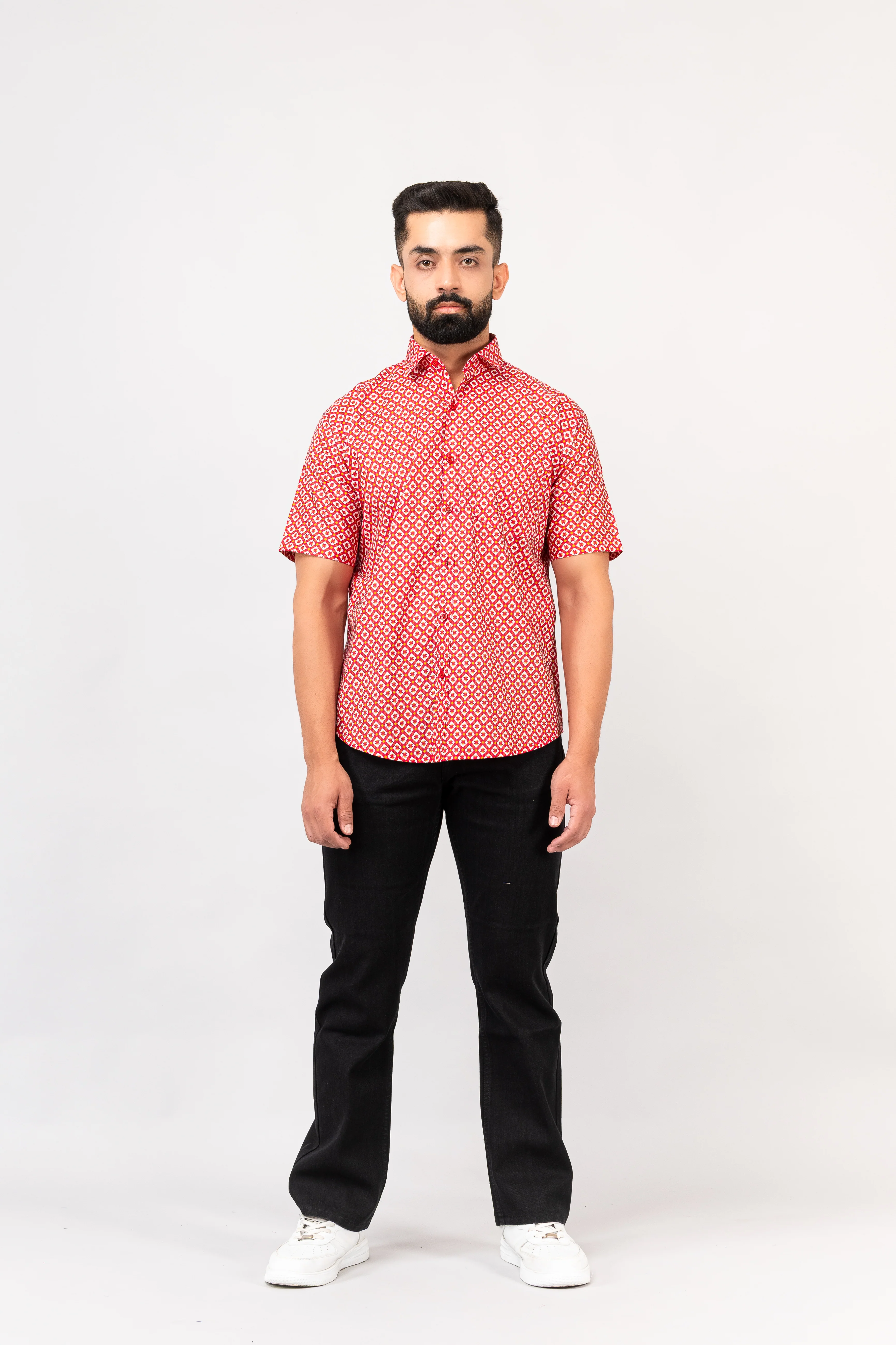 Red Traditional Geomatric Printed Half Sleeves Shirt - Image 7