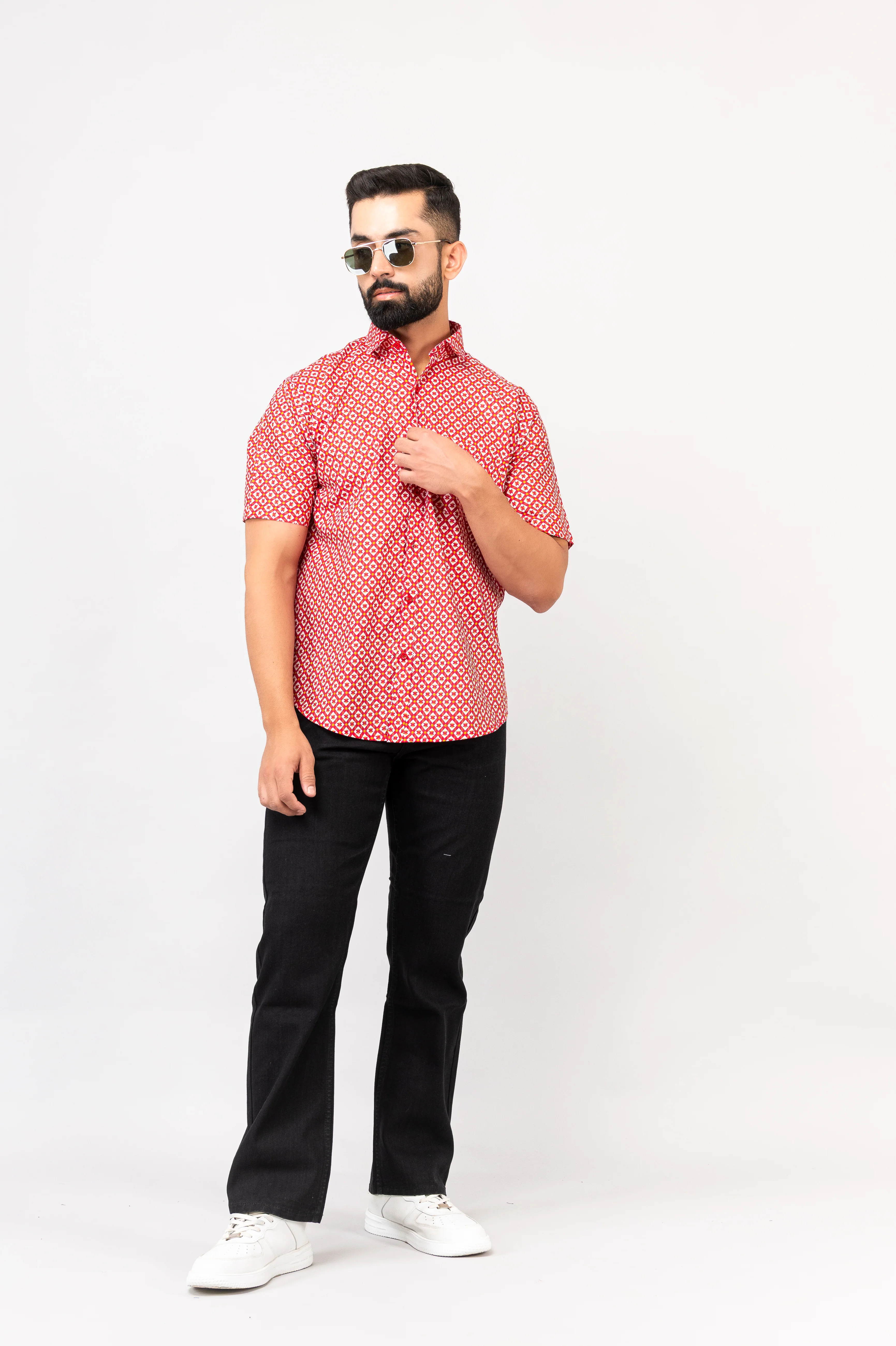 Red Traditional Geomatric Printed Half Sleeves Shirt - Image 8