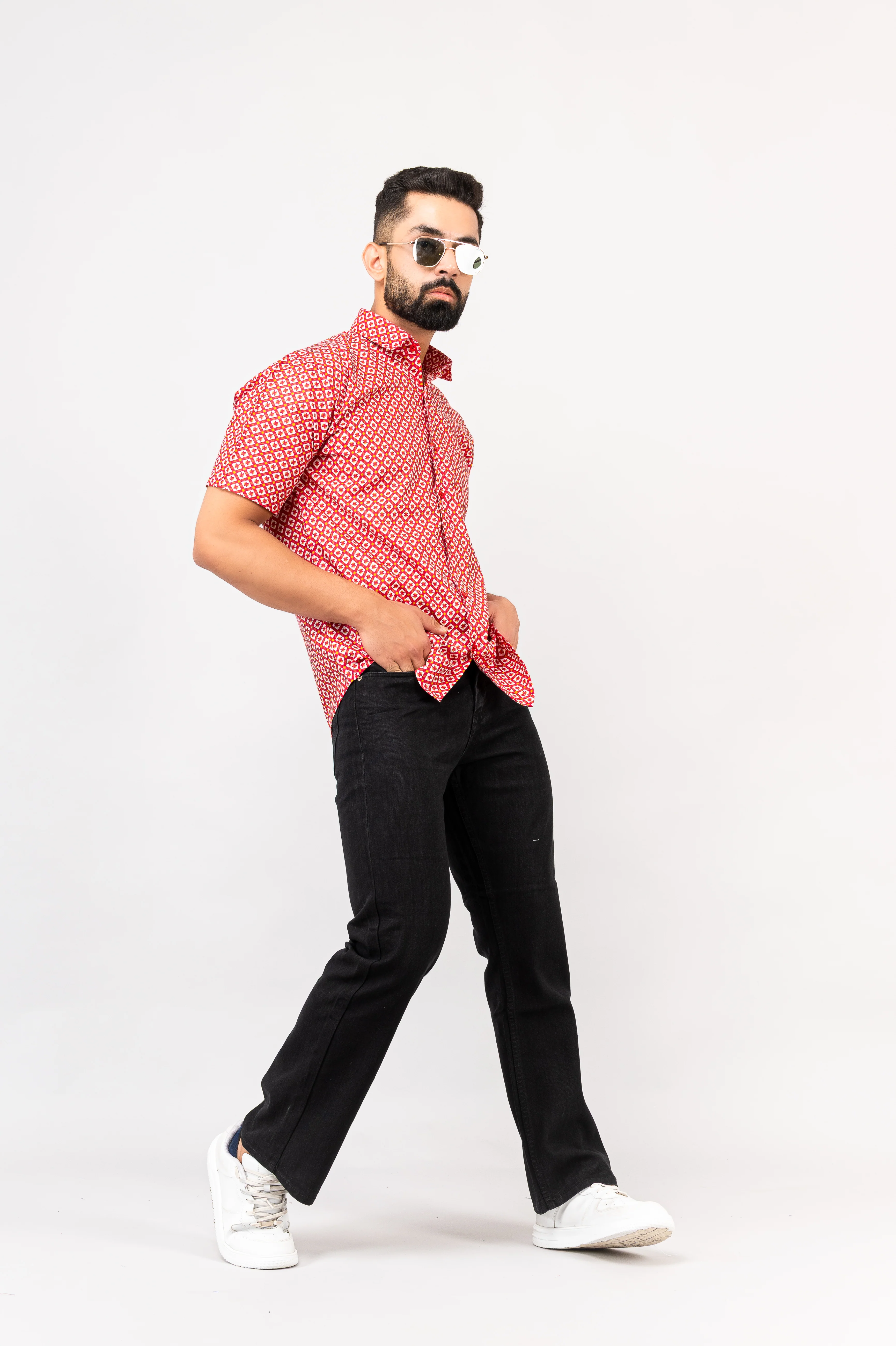 Red Traditional Geomatric Printed Half Sleeves Shirt - Image 9