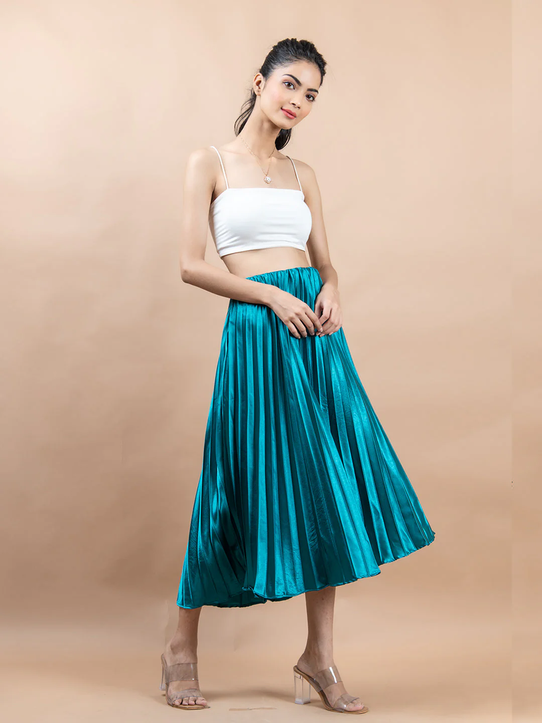 Sea Green Flared Skirt with Accordion Pleats For Women - Image 3