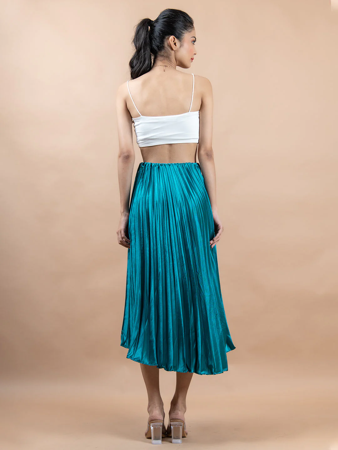 Sea Green Flared Skirt with Accordion Pleats For Women - Image 4