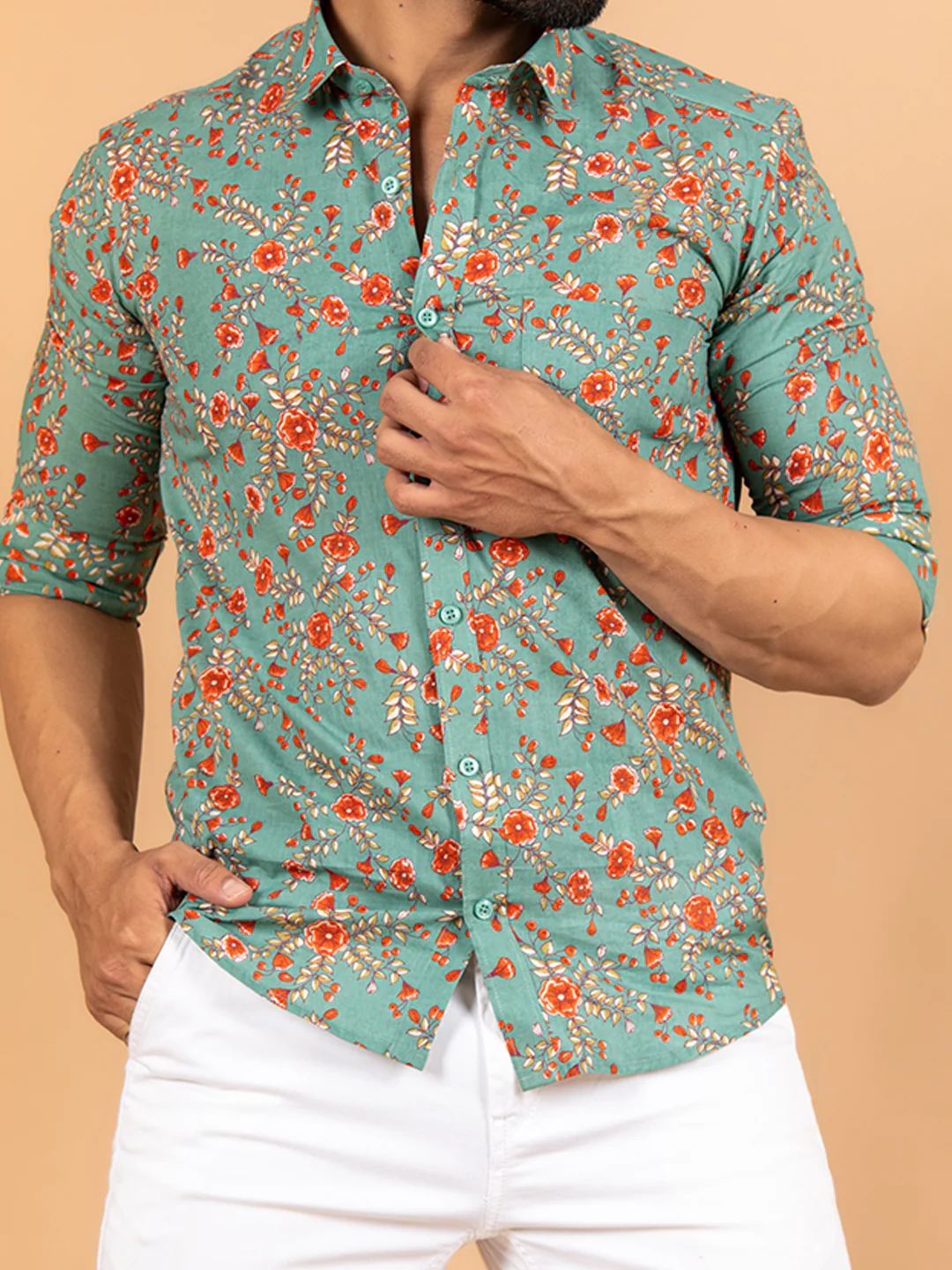 Sea Green Florescence Cotton Printed Shirt For Men - Image 3