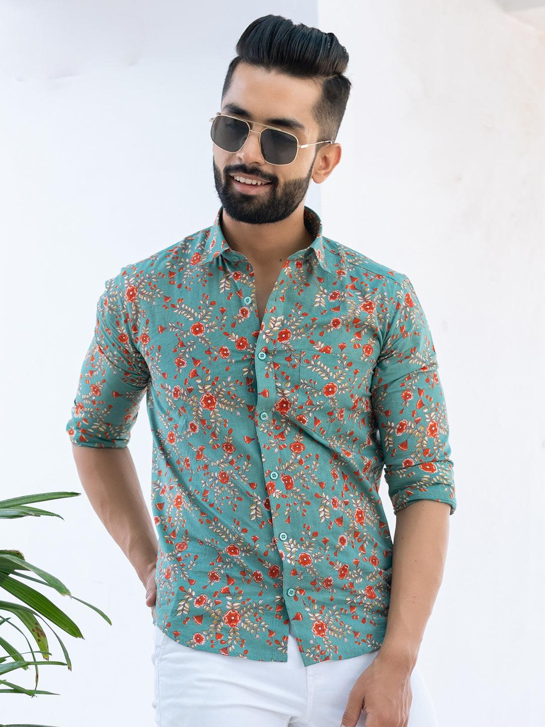 Sea Green Florescence Cotton Printed Shirt For Men - Image 4