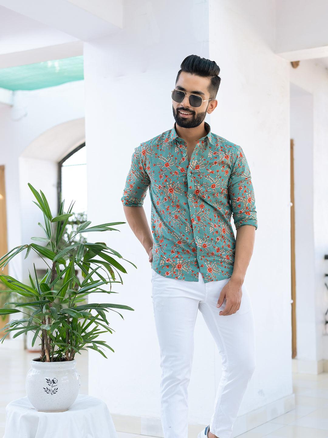 Sea Green Florescence Cotton Printed Shirt For Men - Image 5