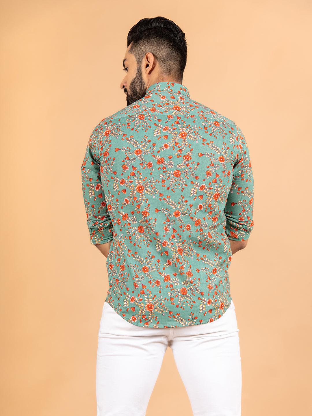 Sea Green Florescence Cotton Printed Shirt For Men - Image 6
