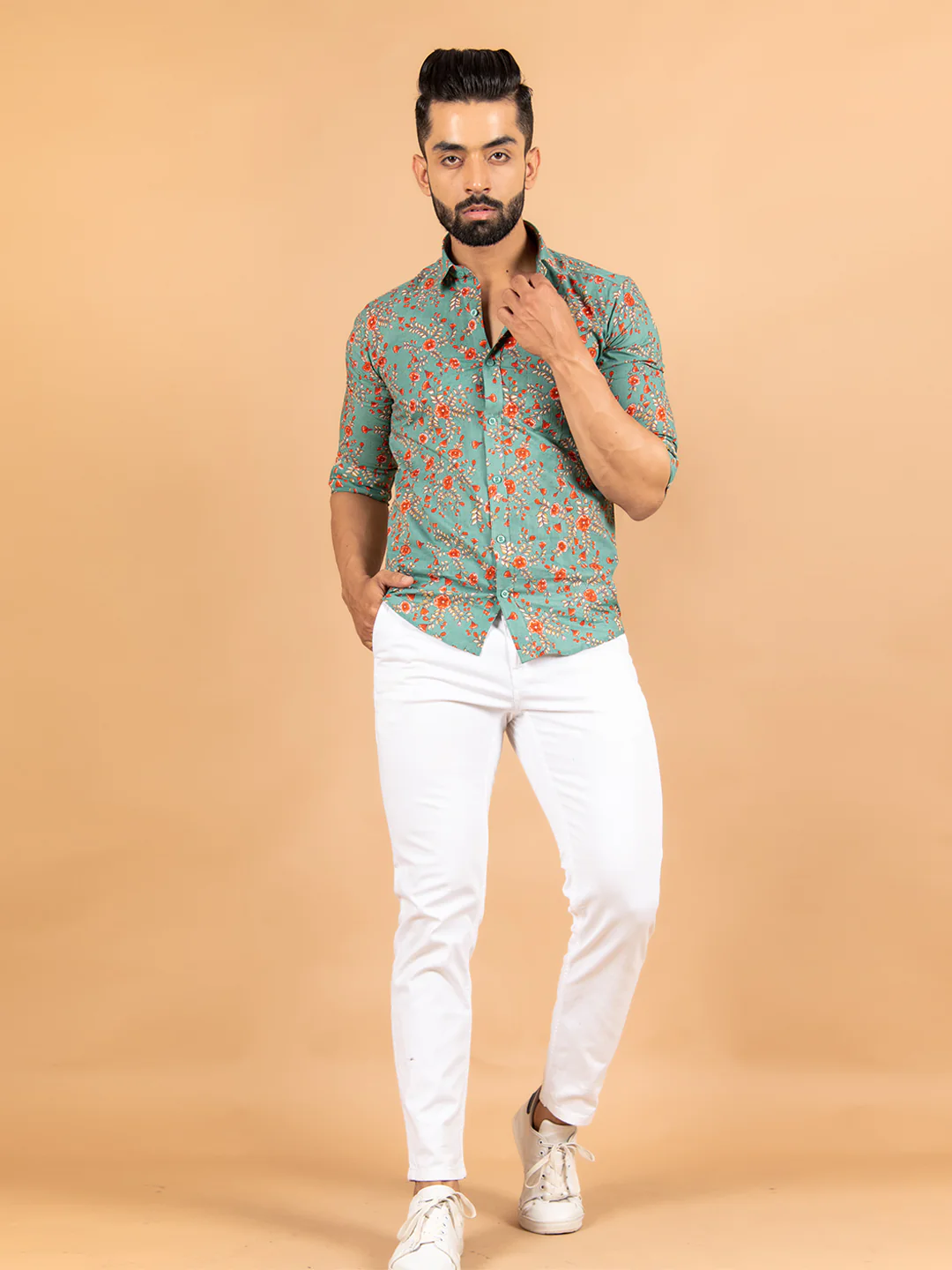 Sea Green Florescence Cotton Printed Shirt For Men - Image 7