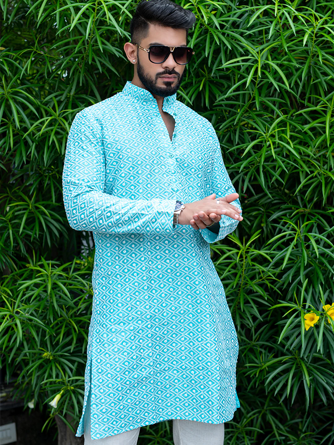 Sky Blue Diamond Embroidered Cotton Mens Kurta - Image 3