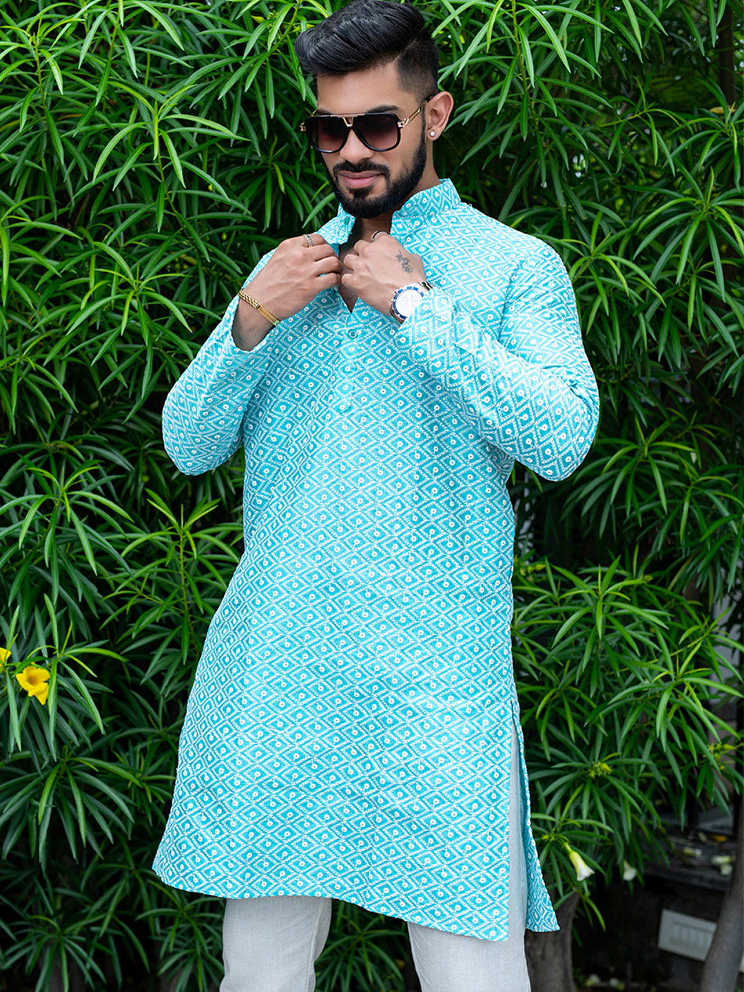 Sky Blue Diamond Embroidered Cotton Mens Kurta - Image 4