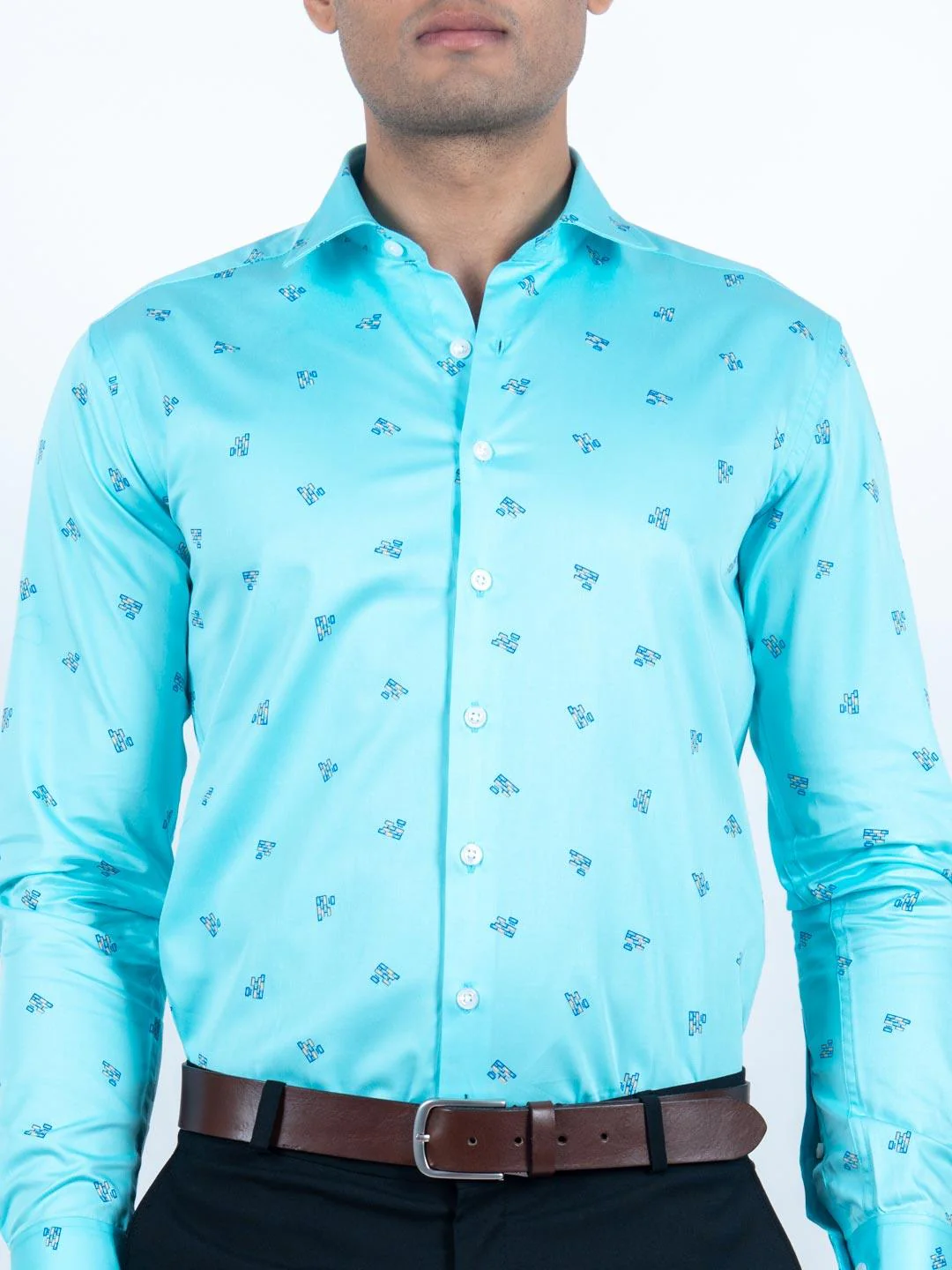 Sky Blue Giza Printed Cotton Men Shirt - Image 3