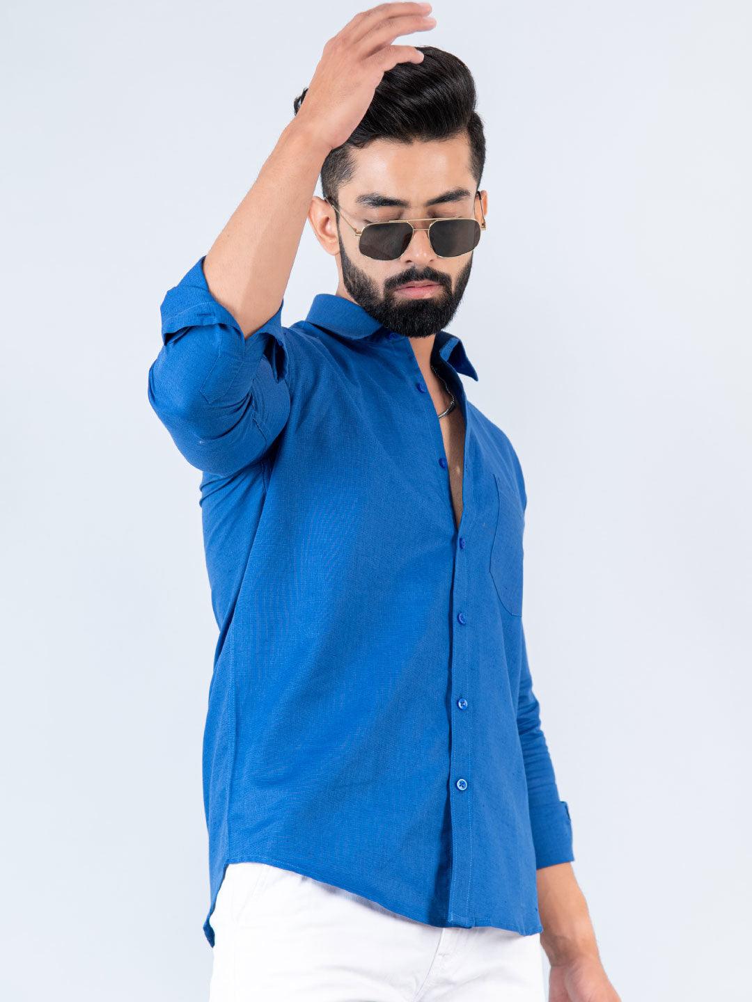 Solid Blue Full Sleeves Cotton Shirt - Image 4