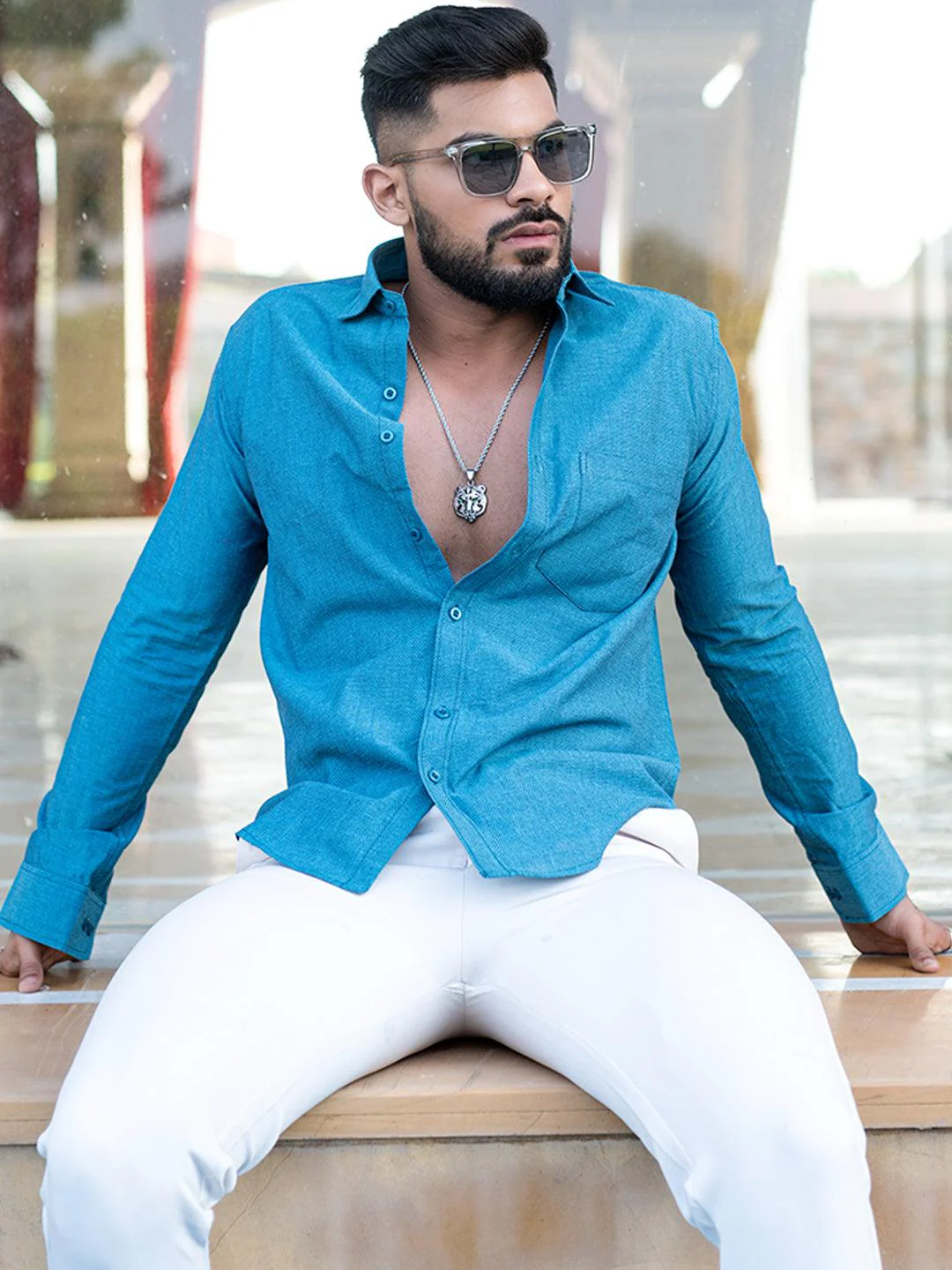 Teal Blue Self  Weaved Full Sleeves Giza Cotton Shirt - Image 3