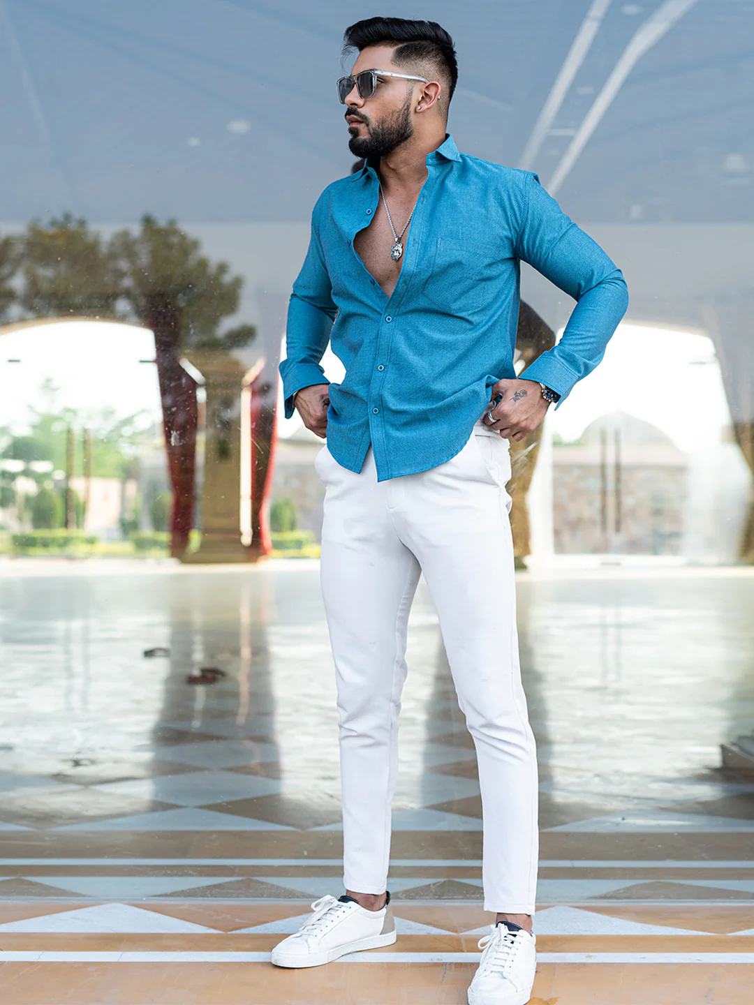 Teal Blue Self  Weaved Full Sleeves Giza Cotton Shirt - Image 4