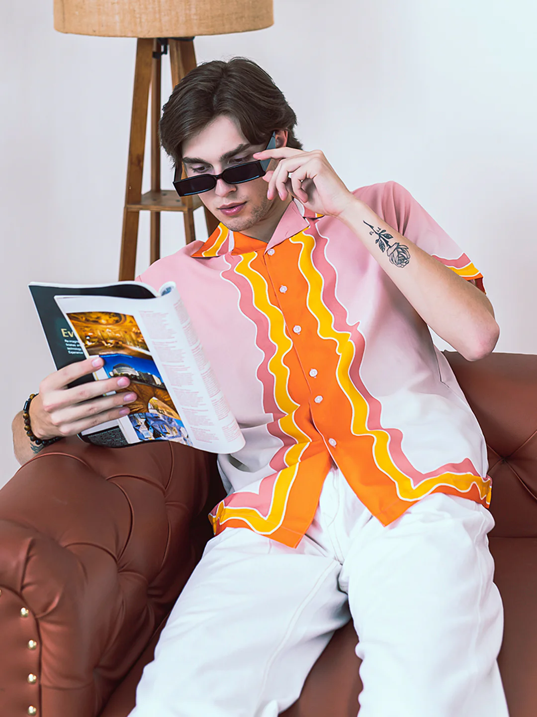 Wavy Line Back Tistabene Printed Oversized Peach Crepe Shirt - Image 5