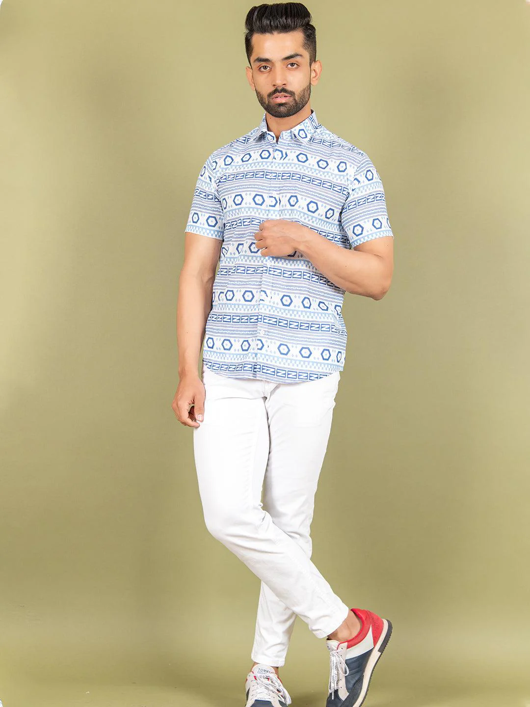 White and Blue graphic Cotton Half printed Shirt - Image 3