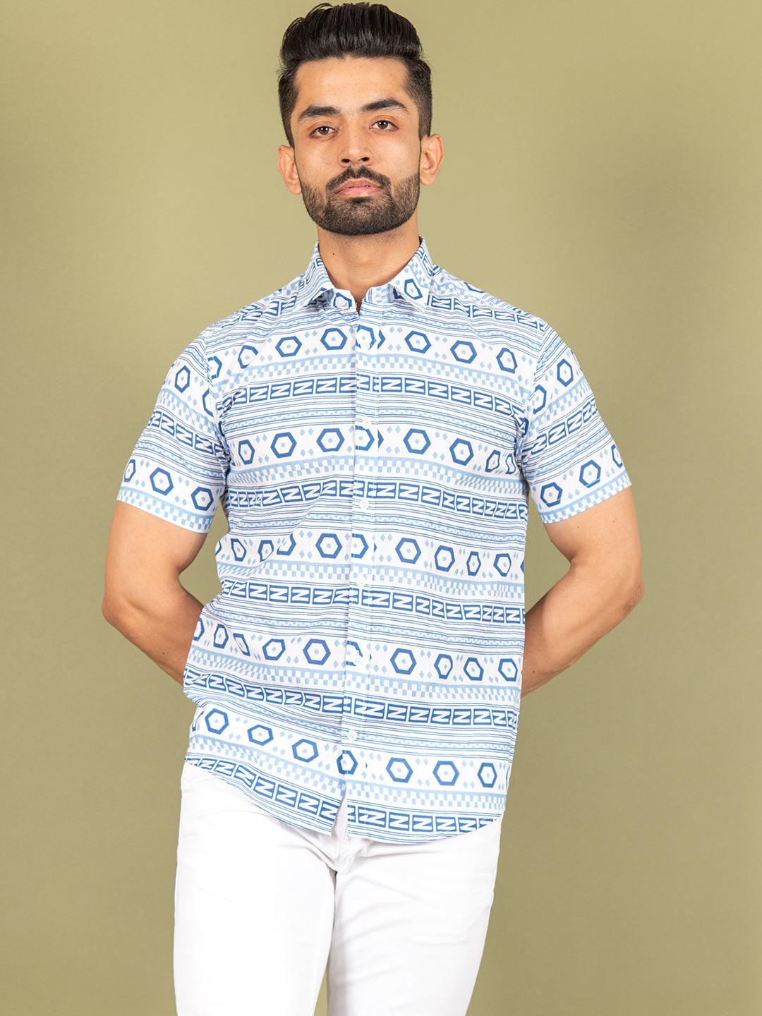 White and Blue graphic Cotton Half printed Shirt - Image 4