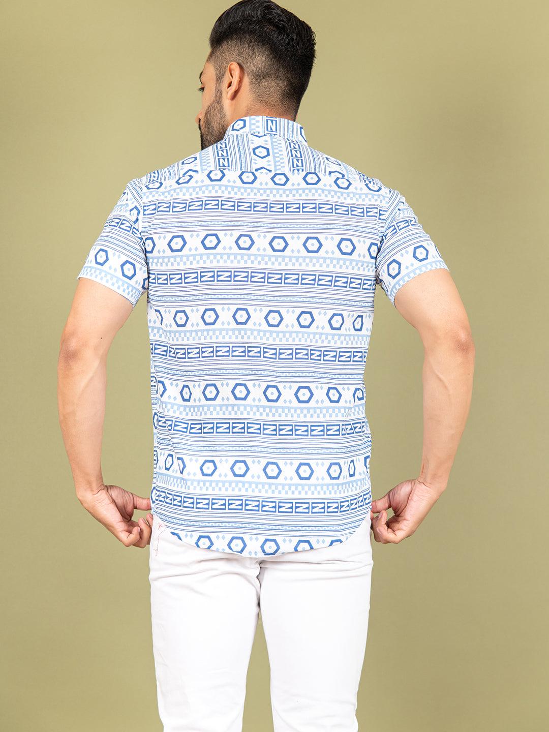 White and Blue graphic Cotton Half printed Shirt - Image 5