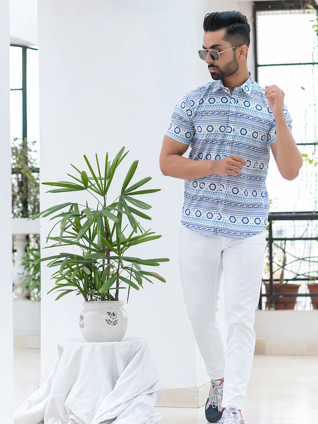 White and Blue graphic Cotton Half printed Shirt - Image 6