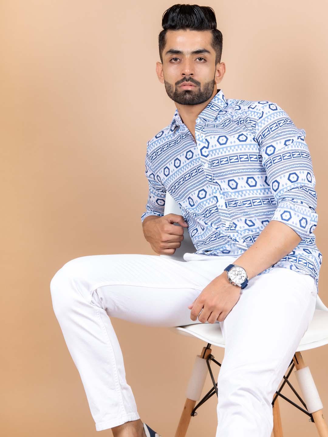White and Blue graphic Cotton printed Shirt For Men - Image 3