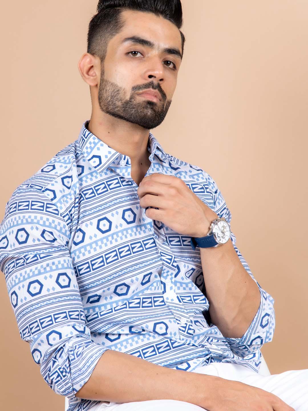 White and Blue graphic Cotton printed Shirt For Men - Image 4