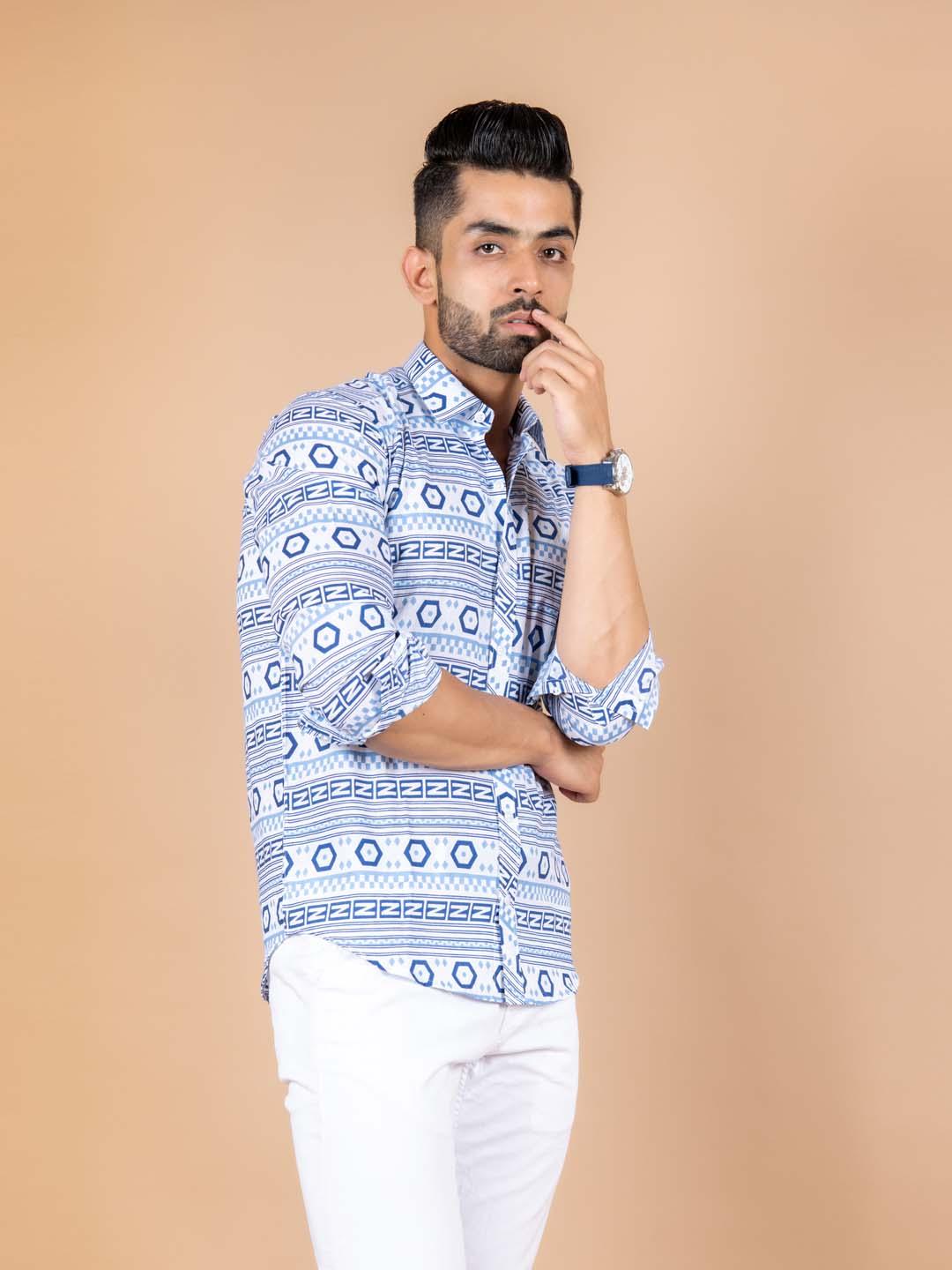White and Blue graphic Cotton printed Shirt For Men - Image 5