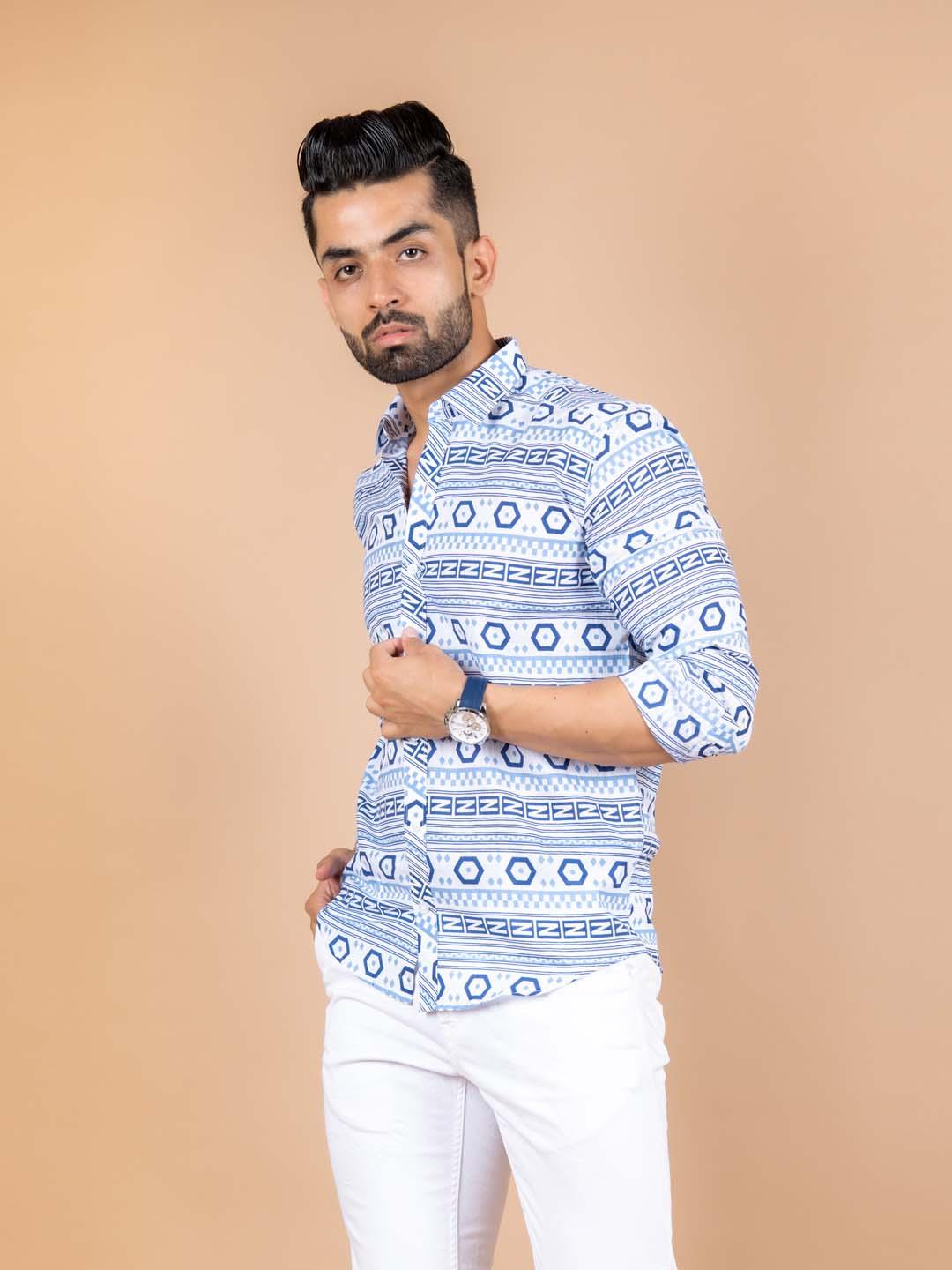 White and Blue graphic Cotton printed Shirt For Men - Image 6