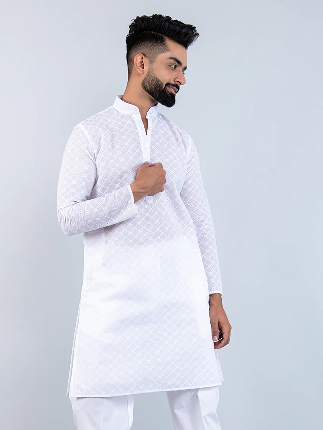 White Diamond Embroidered Cotton Mens Kurta - Image 3