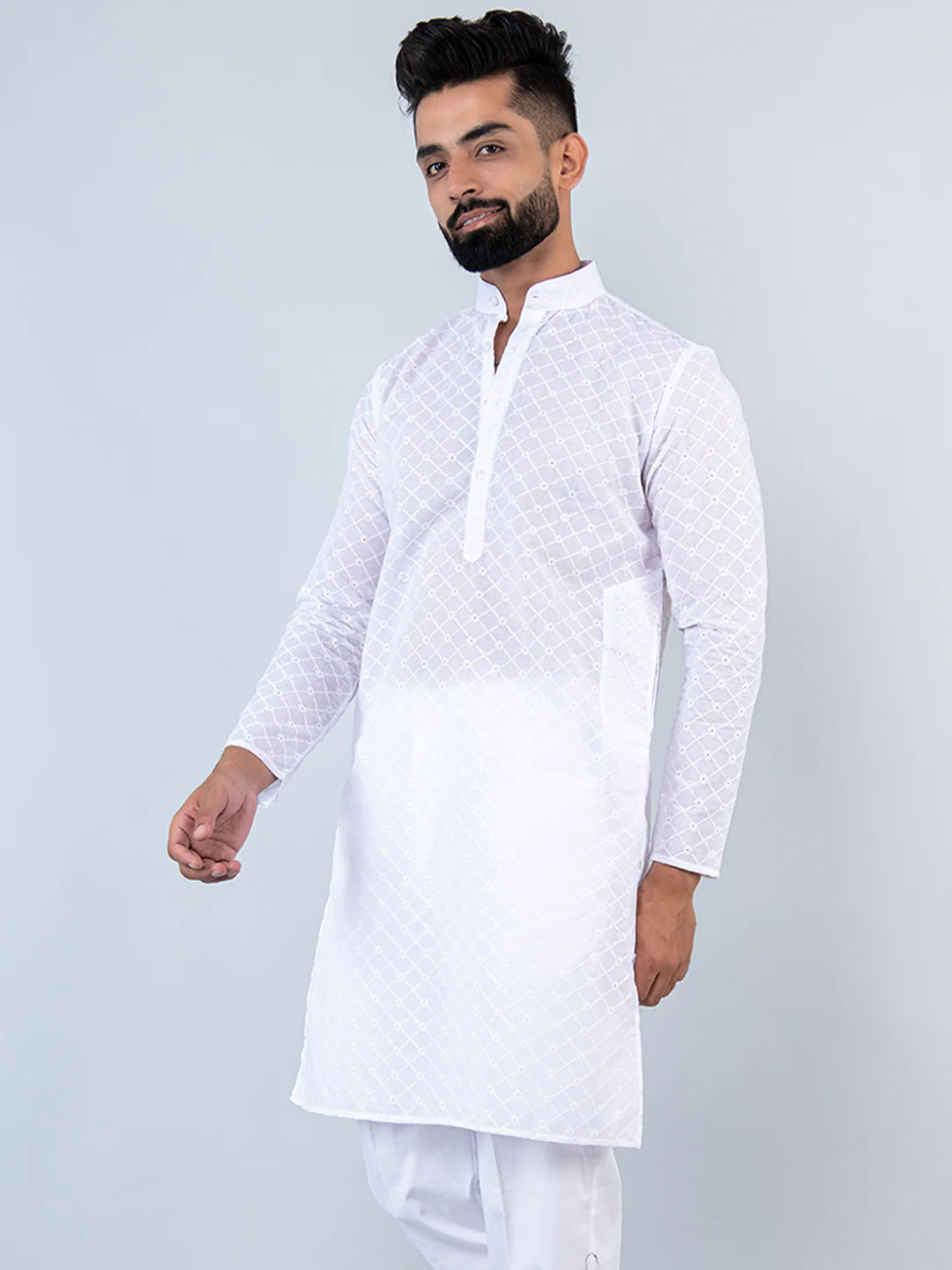 White Diamond Embroidered Cotton Mens Kurta - Image 4