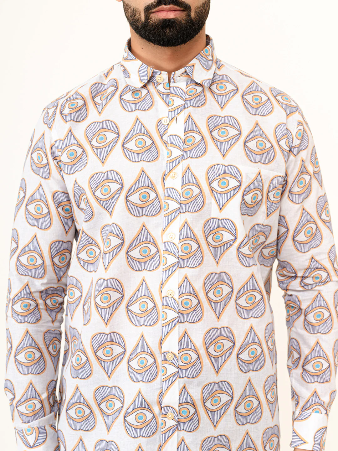 White Evil Eye Full Sleeves Cotton Printed Shirt - Image 3