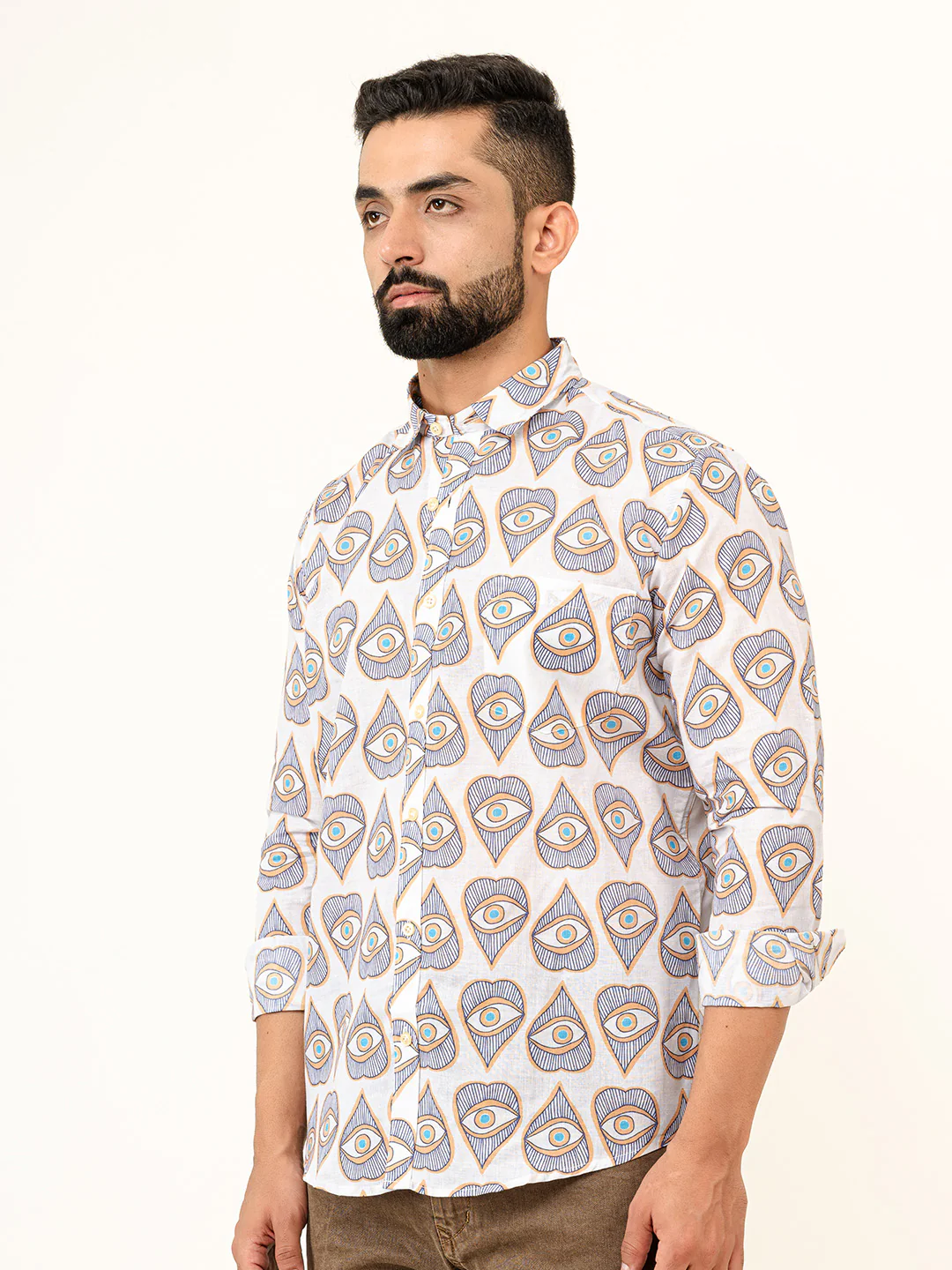 White Evil Eye Full Sleeves Cotton Printed Shirt - Image 4