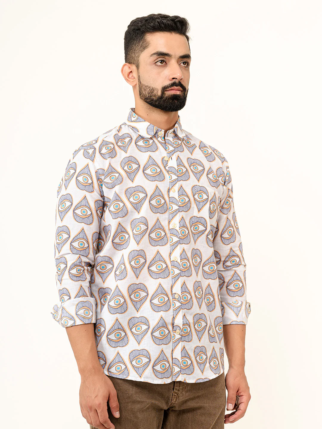 White Evil Eye Full Sleeves Cotton Printed Shirt - Image 5