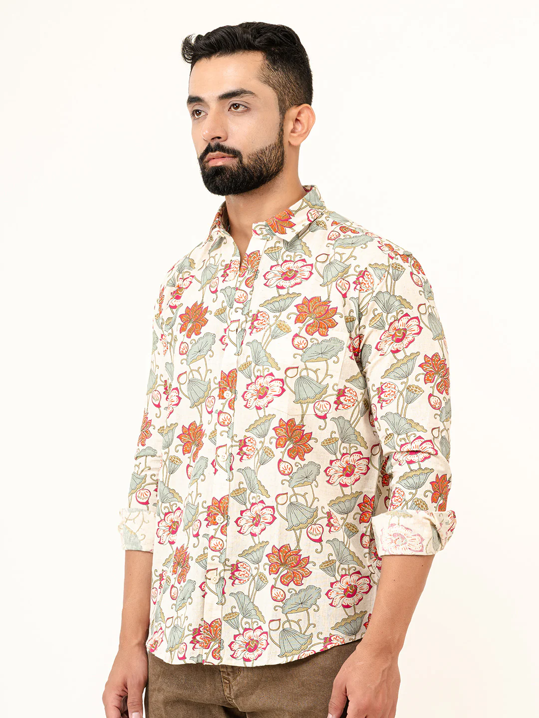 White Floral Printed Full Sleeves Cotton Printed Shirt - Image 3
