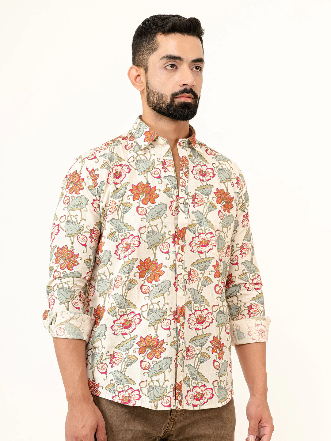 White Floral Printed Full Sleeves Cotton Printed Shirt - Image 4