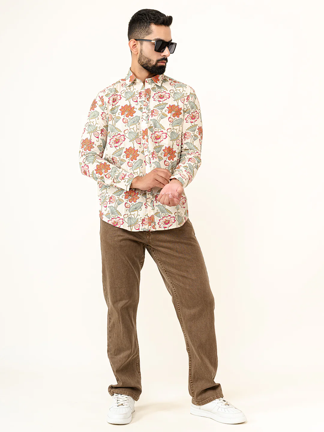 White Floral Printed Full Sleeves Cotton Printed Shirt - Image 6