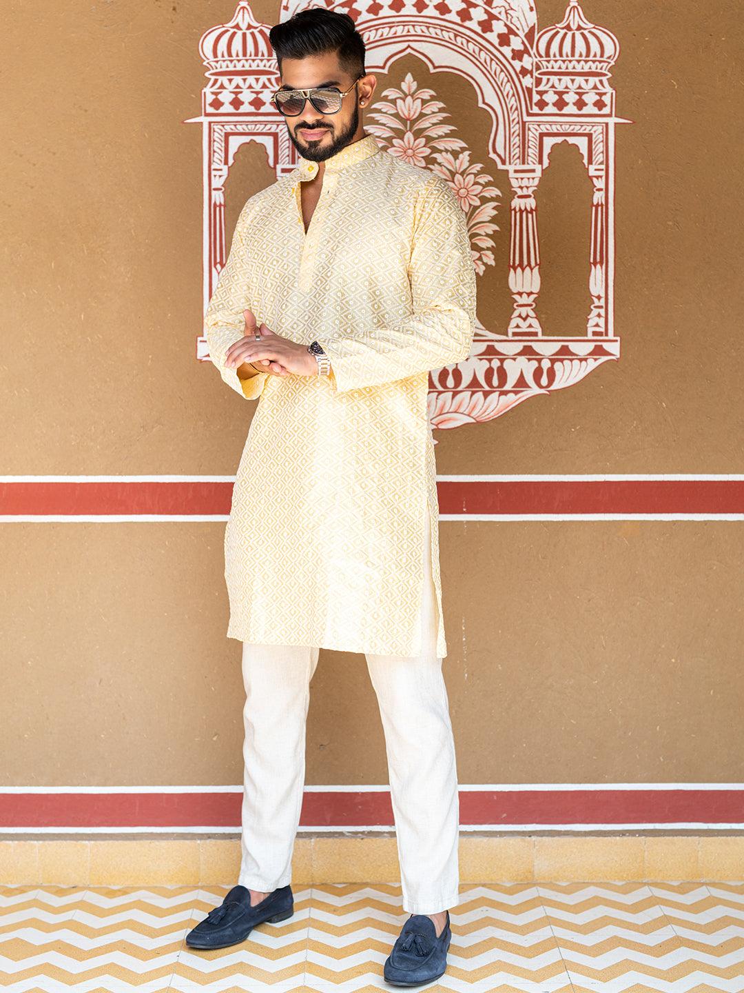 Yellow Diamond Embroidered Cotton Mens Kurta - Image 3