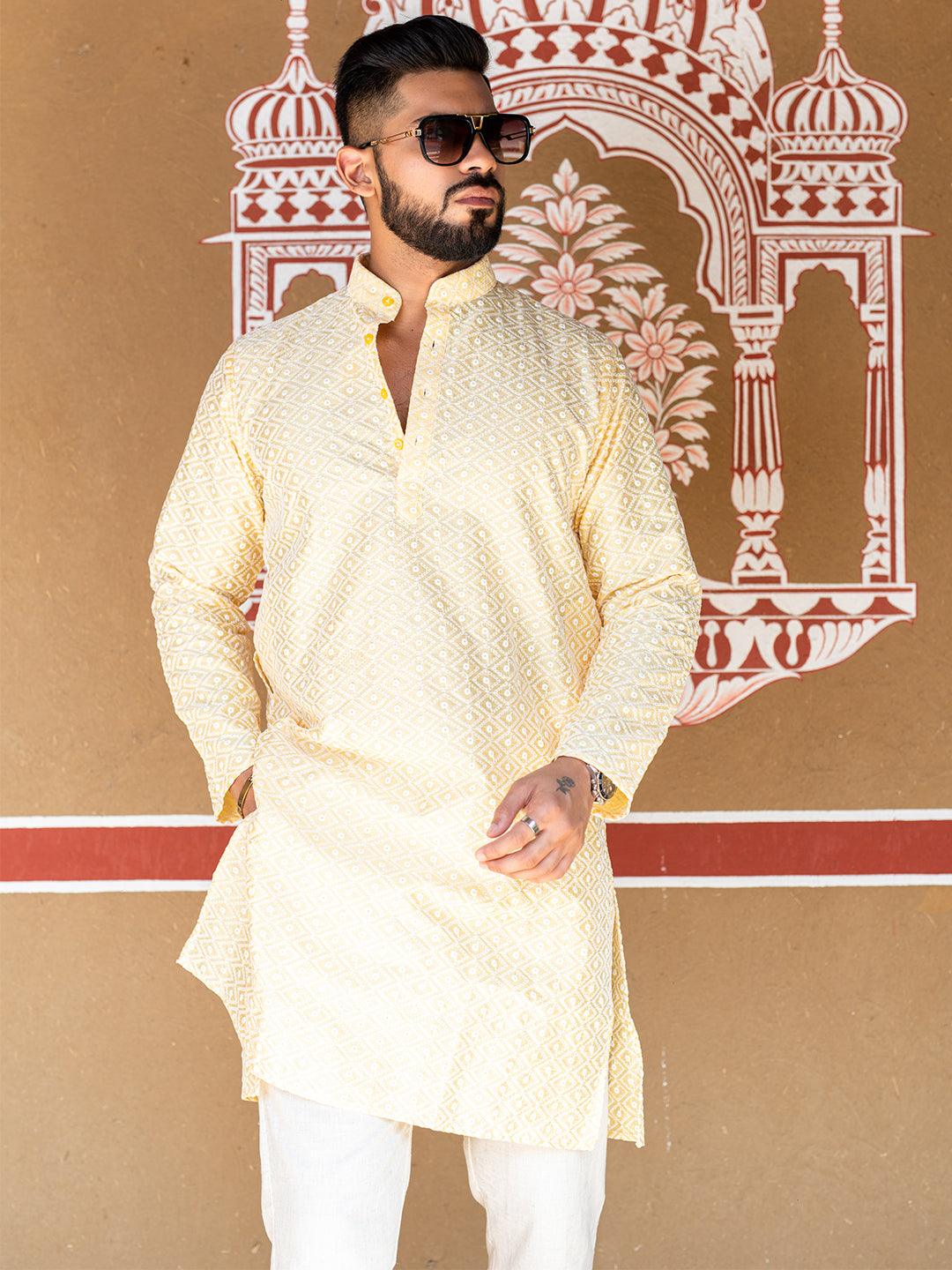 Yellow Diamond Embroidered Cotton Mens Kurta - Image 4