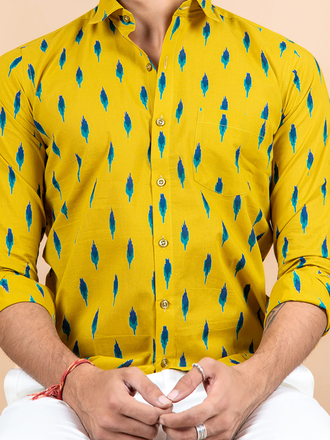Yellow Jaipuri Cotton Full Sleeve Printed Shirt - Image 3