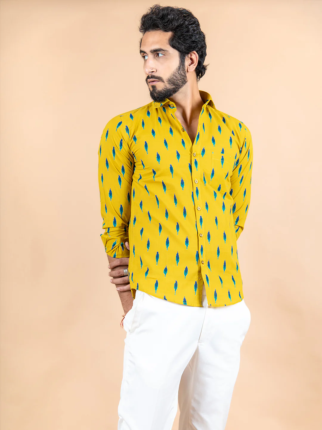 Yellow Jaipuri Cotton Full Sleeve Printed Shirt - Image 5